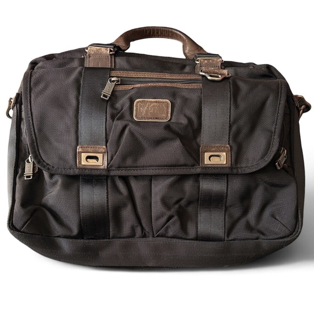 Tumi Alpha Bravo Pinckney Nylon Leather Briefcase Messenger Bag black brown